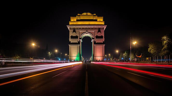 india-gate-at-night-with-multicolored-lights-this-landmark-is-one-of-the-main-attractions-of-delhi-and-a-popular-tourist-destination-generative-ai-photo